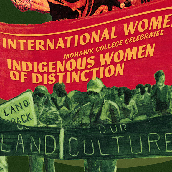 Digital and hand typography highlight showing a crowd of people and a hand painted banner and then digital type on a red banner